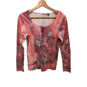 Xcit U.S.A. Floral Long Sleeve Pink Top Rhinestones Women's Size M Y2K